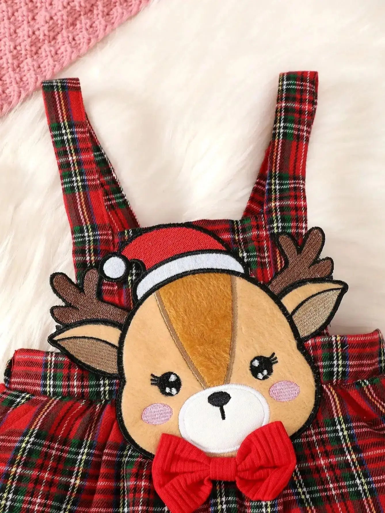 Girls Christmas Deer Plaid Strap Dress