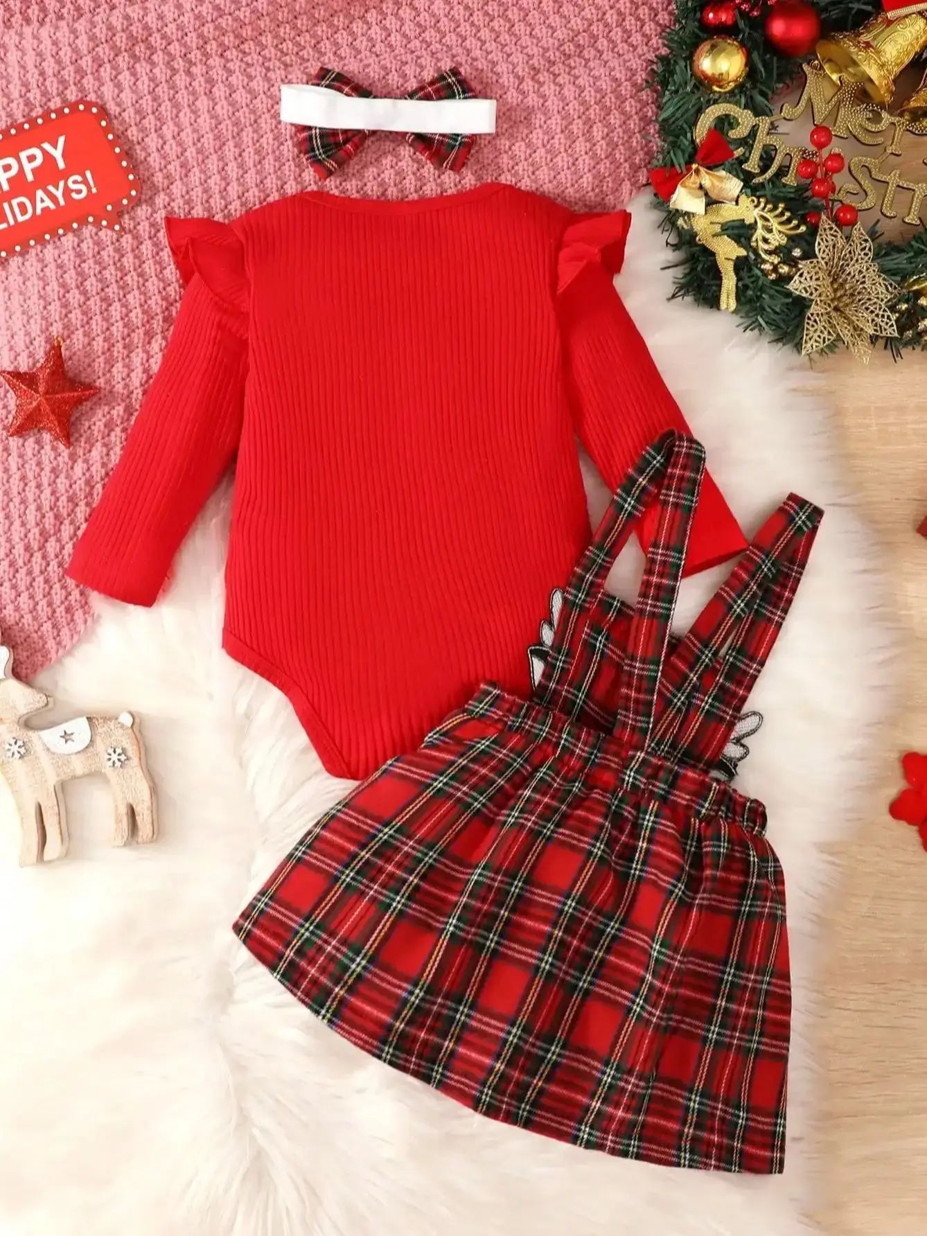 Girls Christmas Deer Plaid Strap Dress